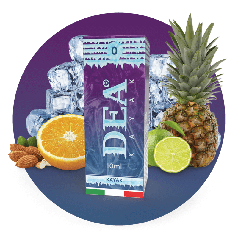 Kayak liquido pronto 10ml senza nicotina DEA Flavor con arancia, lime, ananas e mandorla ghiacciati - Confezione e ingredienti - Negozio sigarette elettroniche MoarSvapo Fabriano