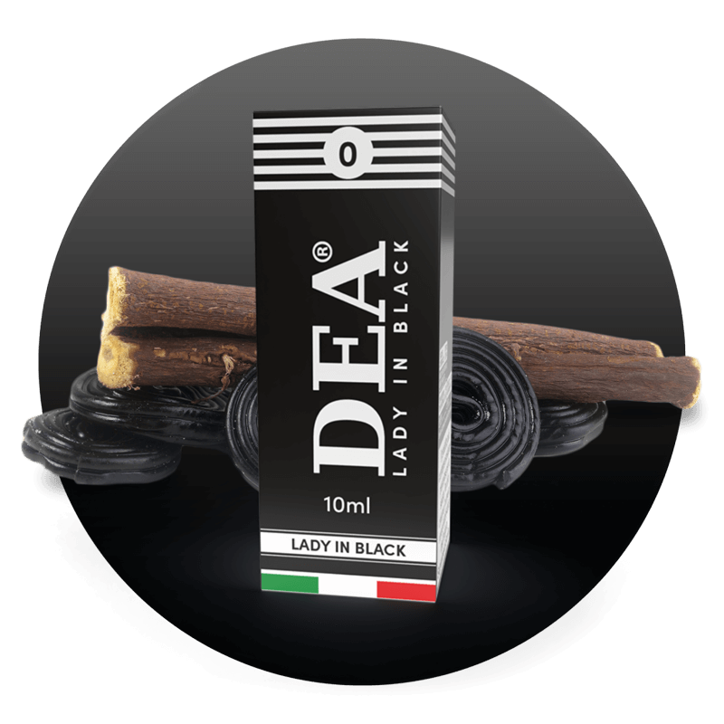 Lady in Black liquido pronto 10ml senza nicotina DEA Flavor con liquirizia pura - Confezione e ingredienti - Negozio sigarette elettroniche MoarSvapo Fabriano