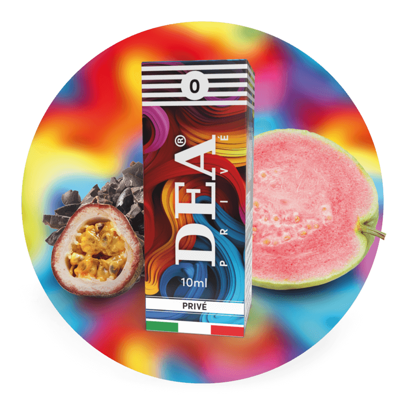 Privé liquido pronto 10ml senza nicotina DEA Flavor con guava, maracuja e cacao amaro - Confezione e ingredienti - Negozio sigarette elettroniche MoarSvapo Fabriano
