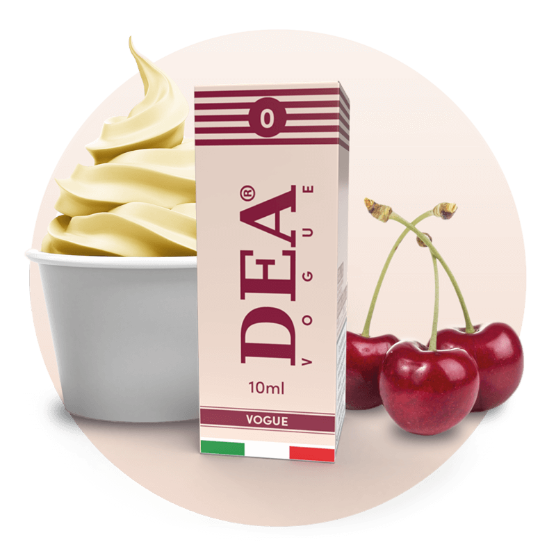 Vogue liquido pronto 10ml senza nicotina DEA Flavor con gelato all'amarena e vaniglia - Confezione e ingredienti - Negozio sigarette elettroniche MoarSvapo Fabriano