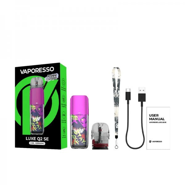Vaporesso Luxe Q2 SE contenuto confezione accessori inclusi cartuccia 0.8ohm cavo USB-C laccetto manuale Fabriano