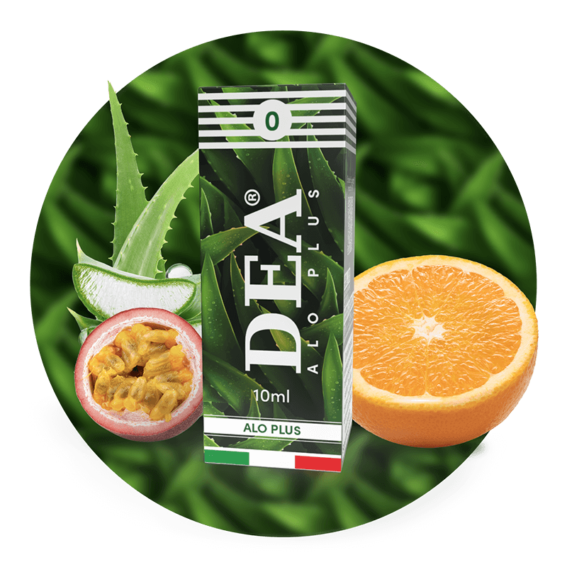 Alo Plus liquido pronto 10ml senza nicotina DEA Flavor con aloe, maracuja e arancia - Confezione e ingredienti - Negozio sigarette elettroniche MoarSvapo Fabriano
