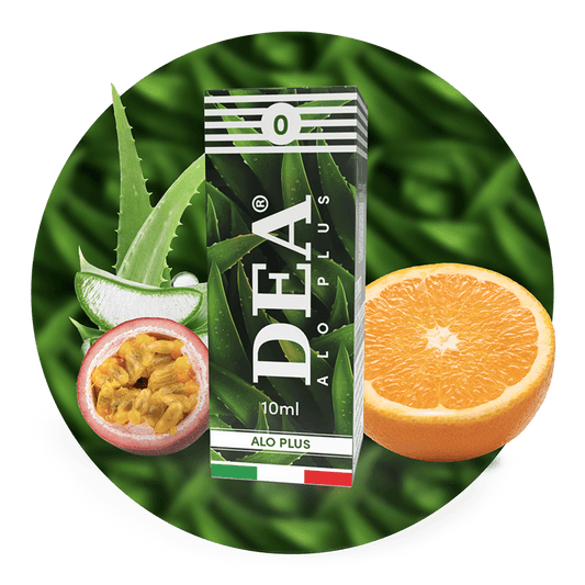 Alo Plus liquido pronto 10ml senza nicotina DEA Flavor con aloe, maracuja e arancia - Confezione e ingredienti - Negozio sigarette elettroniche MoarSvapo Fabriano
