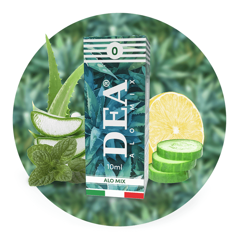 Alo Mix liquido pronto 10ml senza nicotina DEA Flavor con aloe, cetriolo, limone e menta - Confezione e ingredienti - Negozio sigarette elettroniche MoarSvapo Fabriano

