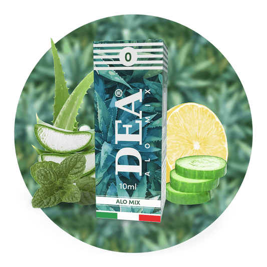 Alo Mix liquido pronto 10ml senza nicotina DEA Flavor con aloe, cetriolo, limone e menta - Confezione e ingredienti - Negozio sigarette elettroniche MoarSvapo Fabriano
