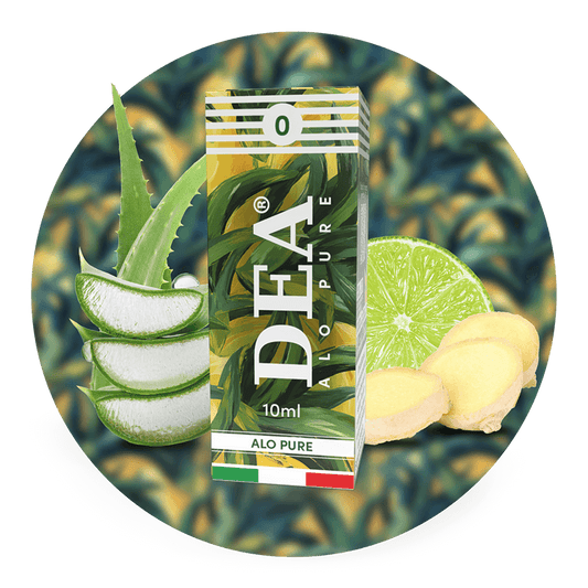 Alo Pure liquido pronto 10ml senza nicotina DEA Flavor con aloe, lime e zenzero - Confezione e ingredienti - Negozio sigarette elettroniche MoarSvapo Fabriano
