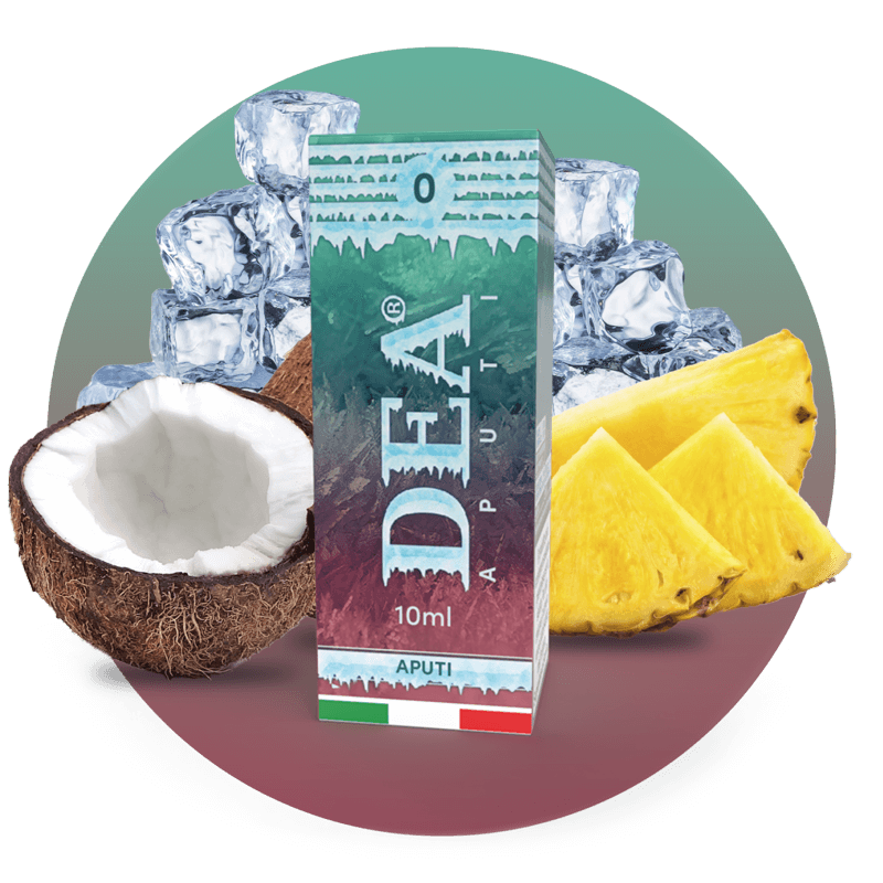 Aputi liquido pronto 10ml senza nicotina DEA Flavor con cocco, ananas e ghiaccio - Confezione e ingredienti - Negozio sigarette elettroniche MoarSvapo Fabriano
