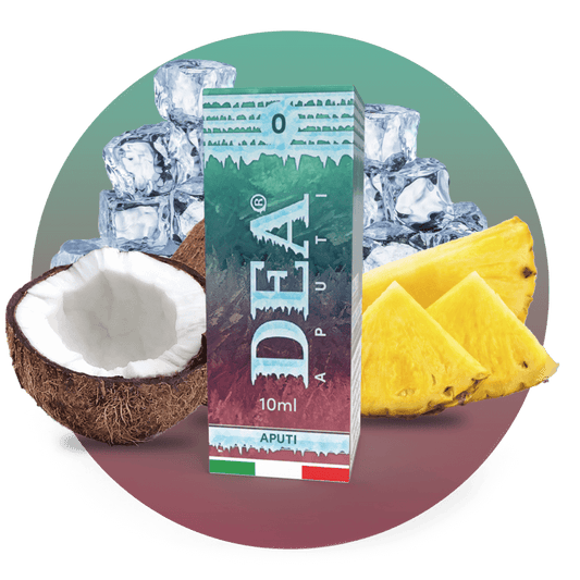 Aputi liquido pronto 10ml senza nicotina DEA Flavor con cocco, ananas e ghiaccio - Confezione e ingredienti - Negozio sigarette elettroniche MoarSvapo Fabriano
