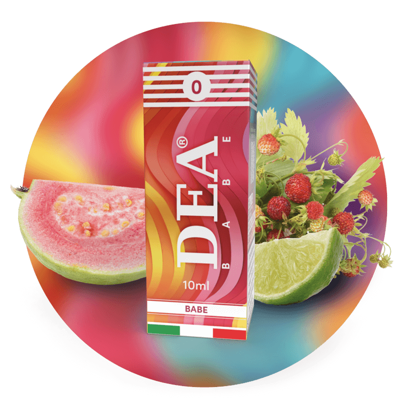 Babe liquido pronto 10ml senza nicotina DEA Flavor con guava, fragoline di bosco e lime - Confezione e ingredienti - Negozio sigarette elettroniche MoarSvapo Fabriano
