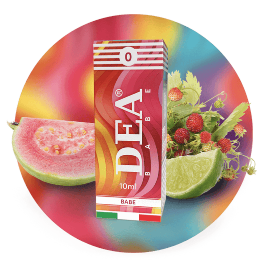 Babe liquido pronto 10ml senza nicotina DEA Flavor con guava, fragoline di bosco e lime - Confezione e ingredienti - Negozio sigarette elettroniche MoarSvapo Fabriano
