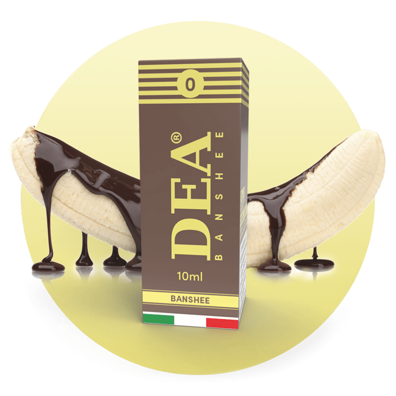 Banshee liquido pronto 10ml senza nicotina DEA Flavor con banana, cioccolato amaro e latte - Confezione e ingredienti - Negozio sigarette elettroniche MoarSvapo Fabriano
