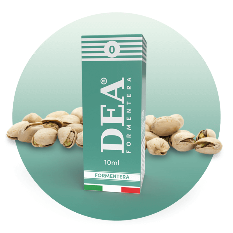 Formentera liquido pronto 10ml senza nicotina DEA Flavor con pistacchio e mandorle tostate - Confezione e ingredienti - Negozio sigarette elettroniche MoarSvapo Fabriano
