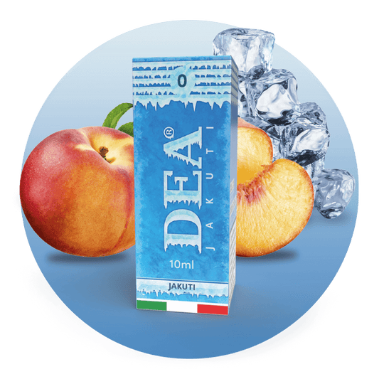 Jakuti liquido pronto 10ml senza nicotina DEA Flavor con pesca bianca e ghiaccio - Confezione e ingredienti - Negozio sigarette elettroniche MoarSvapo Fabriano

