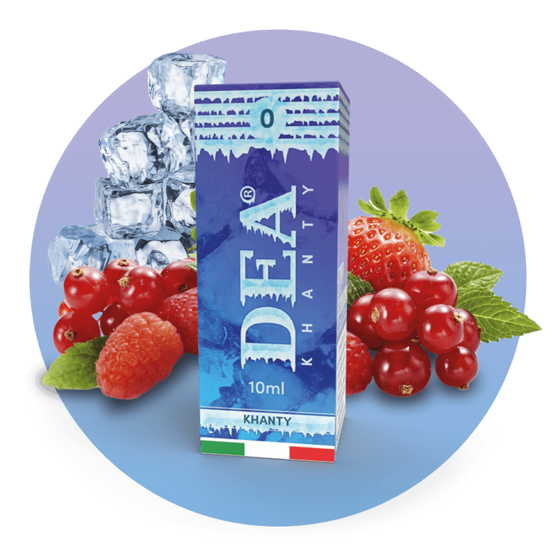Khanty liquido pronto 10ml senza nicotina DEA Flavor con mirtillo, lampone, ribes e fragoline ghiacciati - Confezione e ingredienti - Negozio sigarette elettroniche MoarSvapo Fabriano
