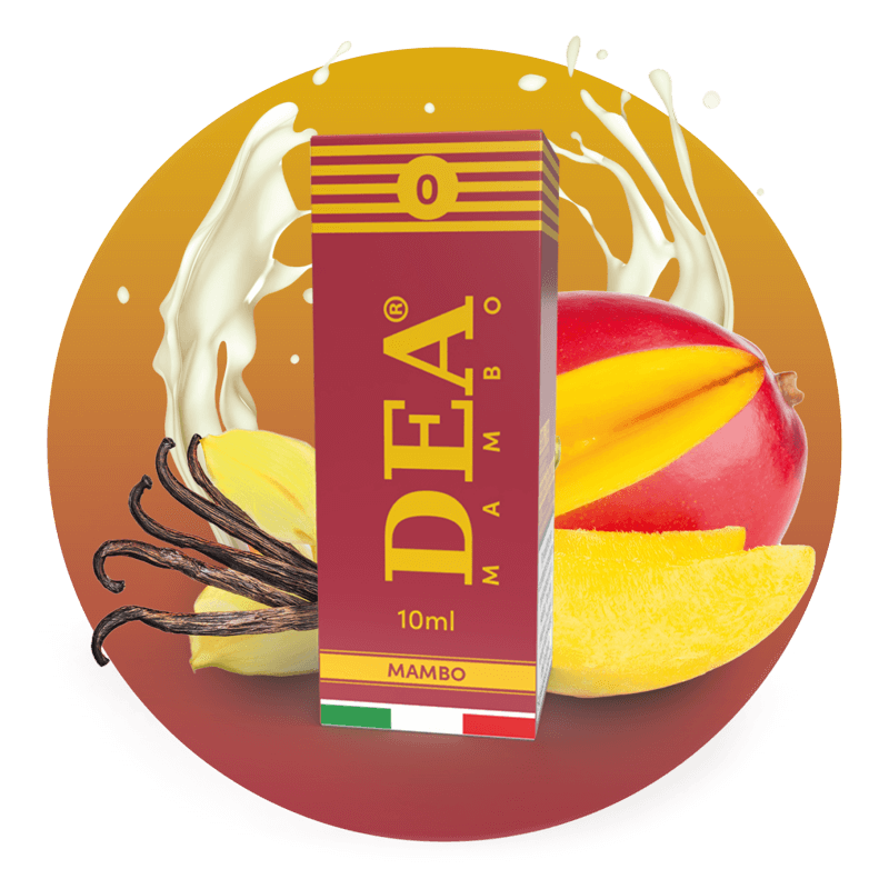 Mambo liquido pronto 10ml senza nicotina DEA Flavor con crema di mango e vaniglia - Confezione e ingredienti - Negozio sigarette elettroniche MoarSvapo Fabriano
