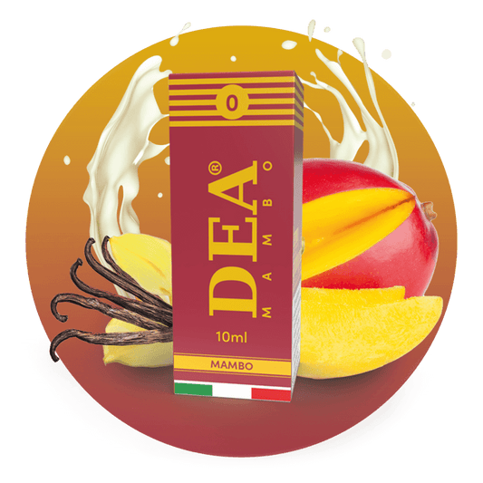Mambo liquido pronto 10ml senza nicotina DEA Flavor con crema di mango e vaniglia - Confezione e ingredienti - Negozio sigarette elettroniche MoarSvapo Fabriano
