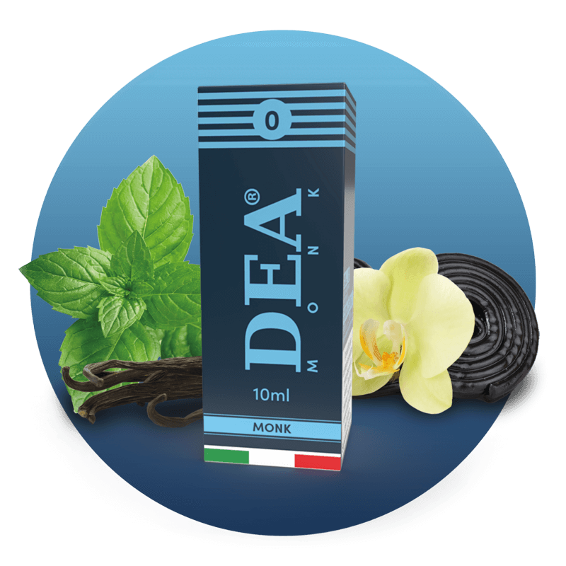 Monk liquido pronto 10ml senza nicotina DEA Flavor con menta, liquirizia e vaniglia - Confezione e ingredienti