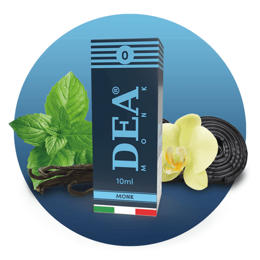 Monk liquido pronto 10ml senza nicotina DEA Flavor con menta, liquirizia e vaniglia - Confezione e ingredienti