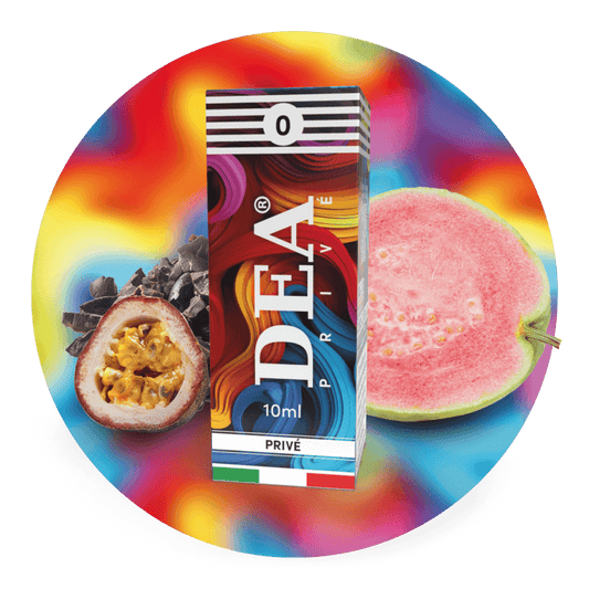 Privé liquido pronto 10ml senza nicotina DEA Flavor con guava, maracuja e cacao amaro - Confezione e ingredienti - Negozio sigarette elettroniche MoarSvapo Fabriano
