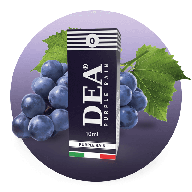 Purple Rain liquido pronto 10ml senza nicotina DEA Flavor con uva fragola - Confezione e ingredienti - Negozio sigarette elettroniche MoarSvapo Fabriano
