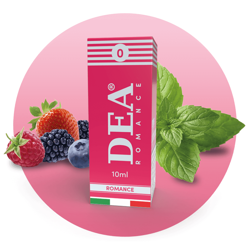 Romance liquido pronto 10ml senza nicotina DEA Flavor con frutti rossi e menta - Confezione e ingredienti - Negozio sigarette elettroniche MoarSvapo Fabriano
