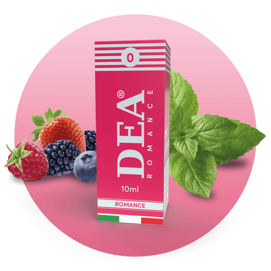 Romance liquido pronto 10ml senza nicotina DEA Flavor con frutti rossi e menta - Confezione e ingredienti - Negozio sigarette elettroniche MoarSvapo Fabriano
