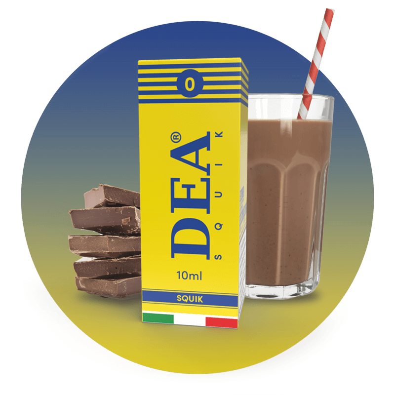 Squik liquido pronto 10ml senza nicotina DEA Flavor con cacao, latte e vaniglia - Confezione e ingredienti - Negozio sigarette elettroniche MoarSvapo Fabriano
