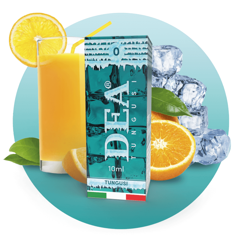Tungusi liquido pronto 10ml senza nicotina DEA Flavor con spremuta di arance e ghiaccio - Confezione e ingredienti - Negozio sigarette elettroniche MoarSvapo Fabriano
