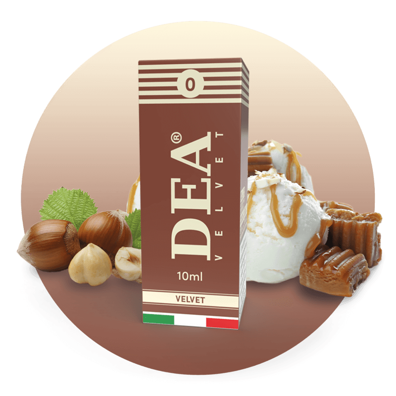 Velvet liquido pronto 10ml senza nicotina DEA Flavor con nocciola, vaniglia e caramello - Confezione e ingredienti - Negozio sigarette elettroniche MoarSvapo Fabriano
