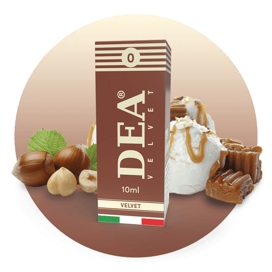 Velvet liquido pronto 10ml senza nicotina DEA Flavor con nocciola, vaniglia e caramello - Confezione e ingredienti - Negozio sigarette elettroniche MoarSvapo Fabriano
